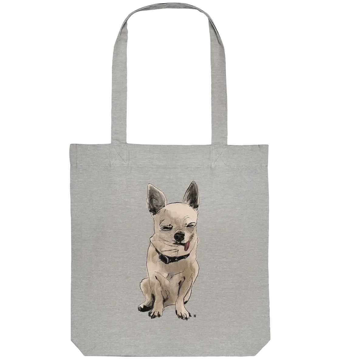 Handgezeichnete Chihuahua-Illustration Schelm auf einer Bio Baumwolltasche in Hellgrau meliert