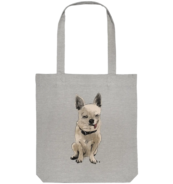 Handgezeichnete Chihuahua-Illustration Schelm auf einer Bio Baumwolltasche in Hellgrau meliert