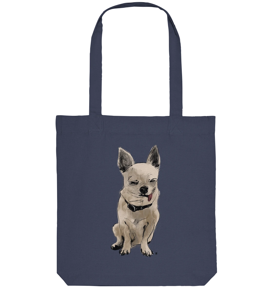 Handgezeichnete Chihuahua-Illustration Schelm auf einer Bio Baumwolltasche in Mitternachtsblau