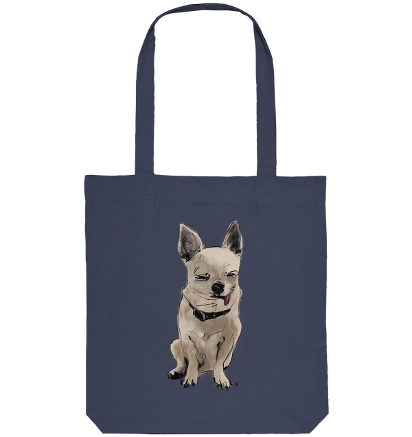 Handgezeichnete Chihuahua-Illustration Schelm auf einer Bio Baumwolltasche in Mitternachtsblau