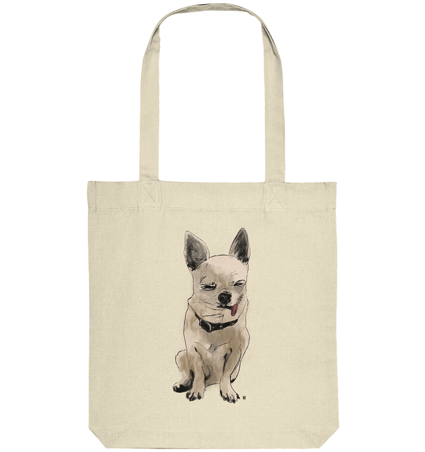 Handgezeichnete Chihuahua-Illustration Schelm auf einer Bio Baumwolltasche in Cremeweiß