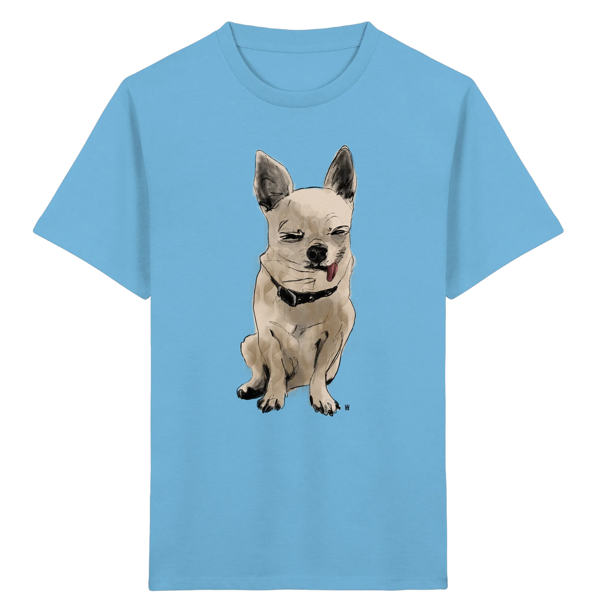 Bio Kinder T-Shirt in Blau mit handgezeichneter Chihuahua-Illustration Schelm 