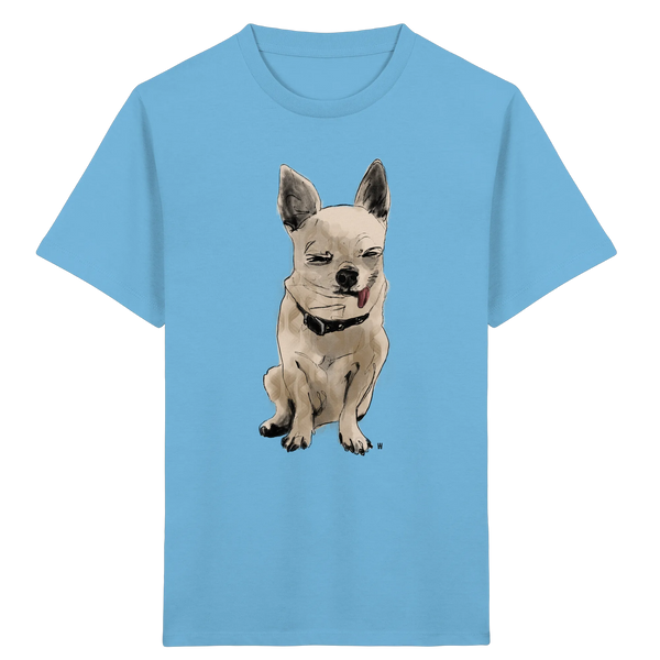 Bio Kinder T-Shirt in Blau mit handgezeichneter Chihuahua-Illustration Schelm 