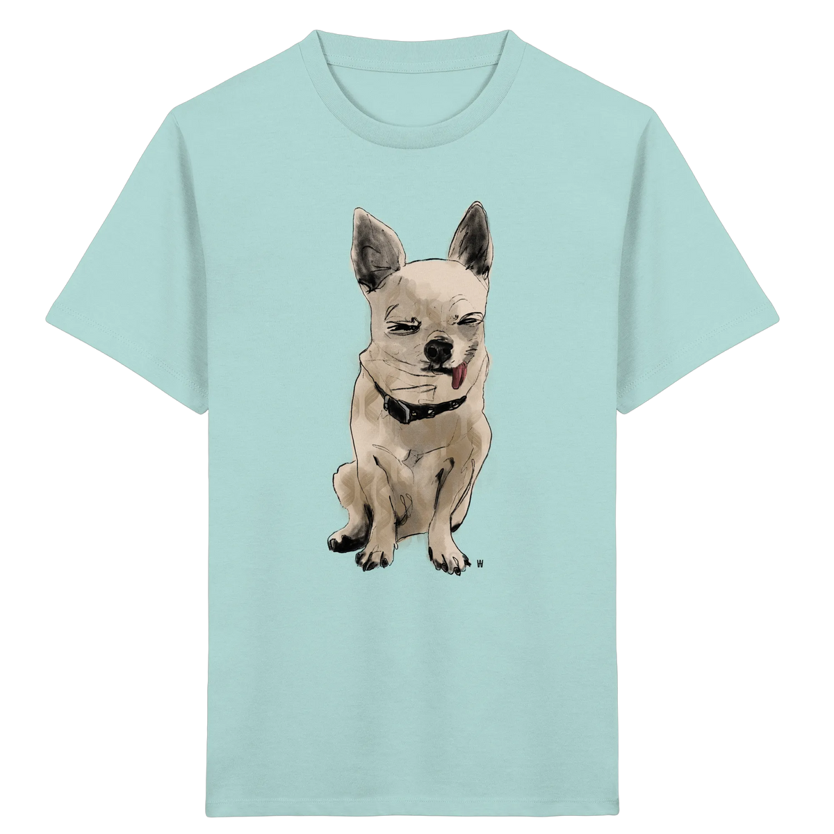 Bio Kinder T-Shirt in Mintgrün mit handgezeichneter Chihuahua-Illustration Schelm 