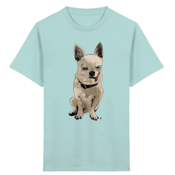 Bio Kinder T-Shirt in Mintgrün mit handgezeichneter Chihuahua-Illustration Schelm 