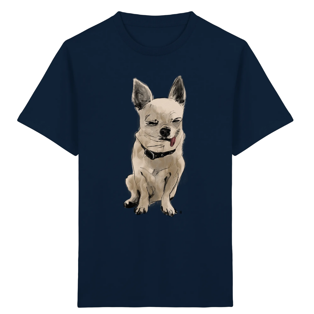 Bio Kinder T-Shirt in Dunkelblau mit handgezeichneter Chihuahua-Illustration Schelm 