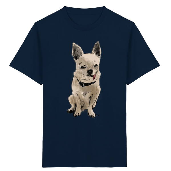 Bio Kinder T-Shirt in Dunkelblau mit handgezeichneter Chihuahua-Illustration Schelm 