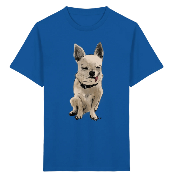 Bio Kinder T-Shirt in Königsblau mit handgezeichneter Chihuahua-Illustration Schelm 