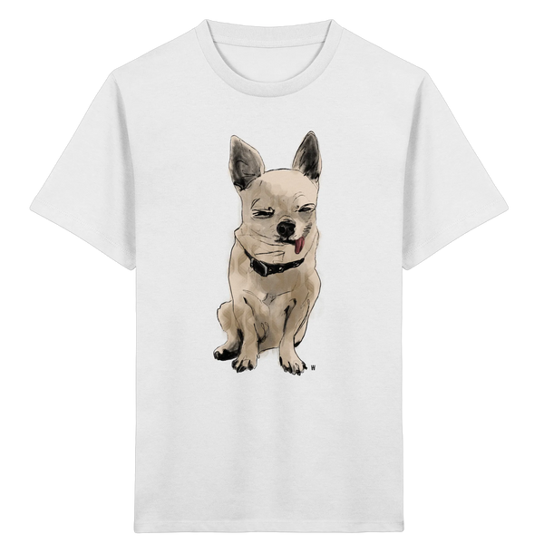 Bio Kinder T-Shirt in Weiß mit handgezeichneter Chihuahua-Illustration Schelm 