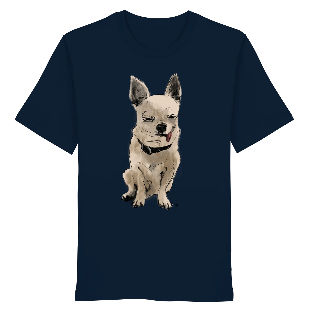 Handgezeichnete Chihuahua-Illustration Schelm auf einem Bio-T-Shirt in Navyblau