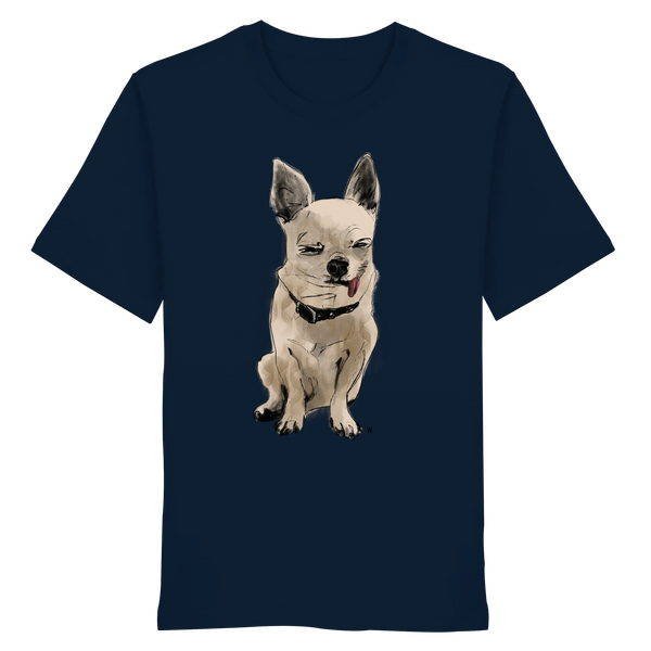 Handgezeichnete Chihuahua-Illustration Schelm auf einem Bio-T-Shirt in Navyblau