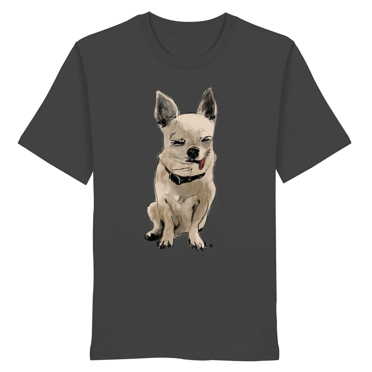 Handgezeichnete Chihuahua-Illustration Schelm auf einem Bio-T-Shirt in Anthrazit