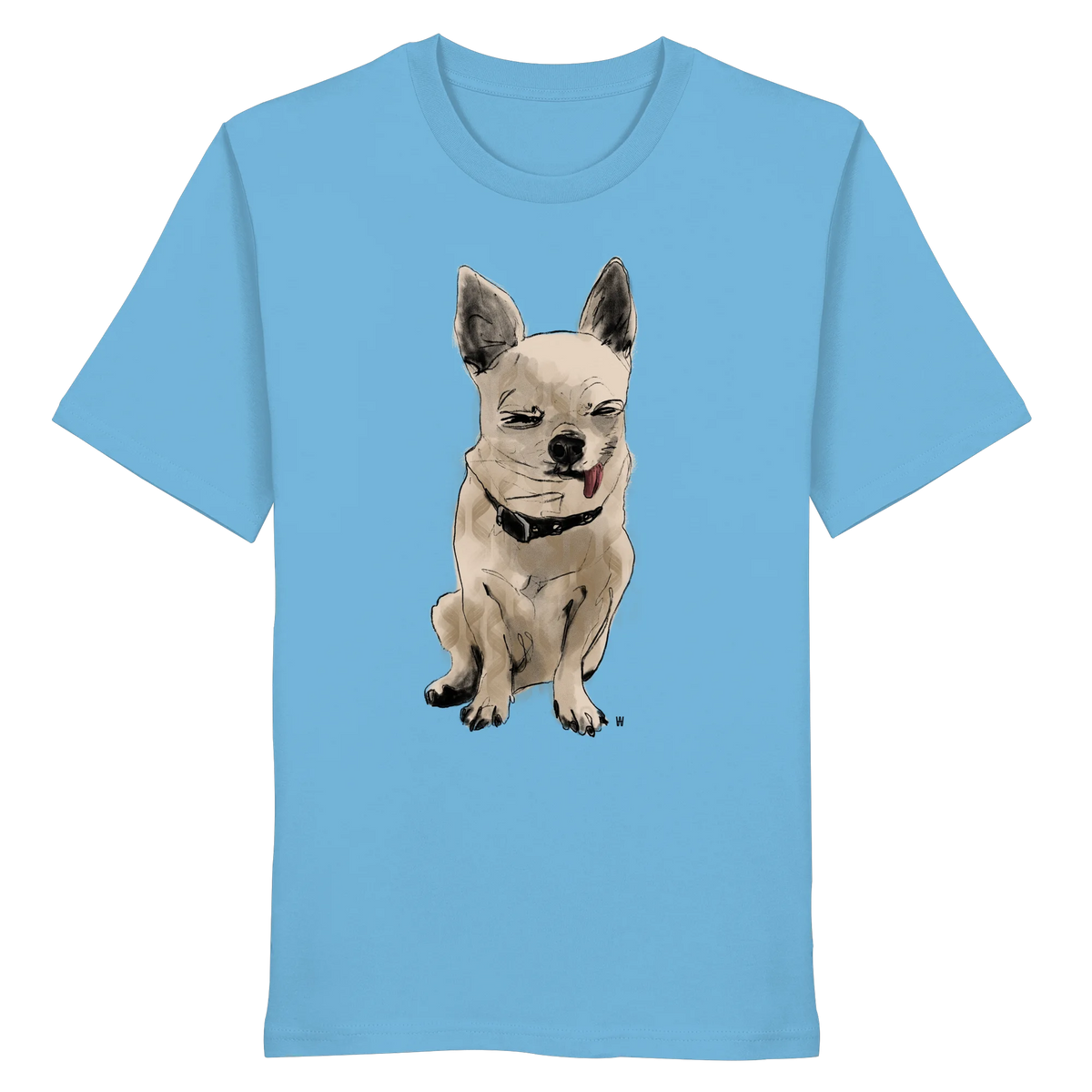 Handgezeichnete Chihuahua-Illustration Schelm auf einem Bio-T-Shirt in Wasserblau