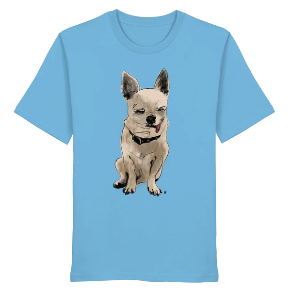 Handgezeichnete Chihuahua-Illustration Schelm auf einem Bio-T-Shirt in Wasserblau