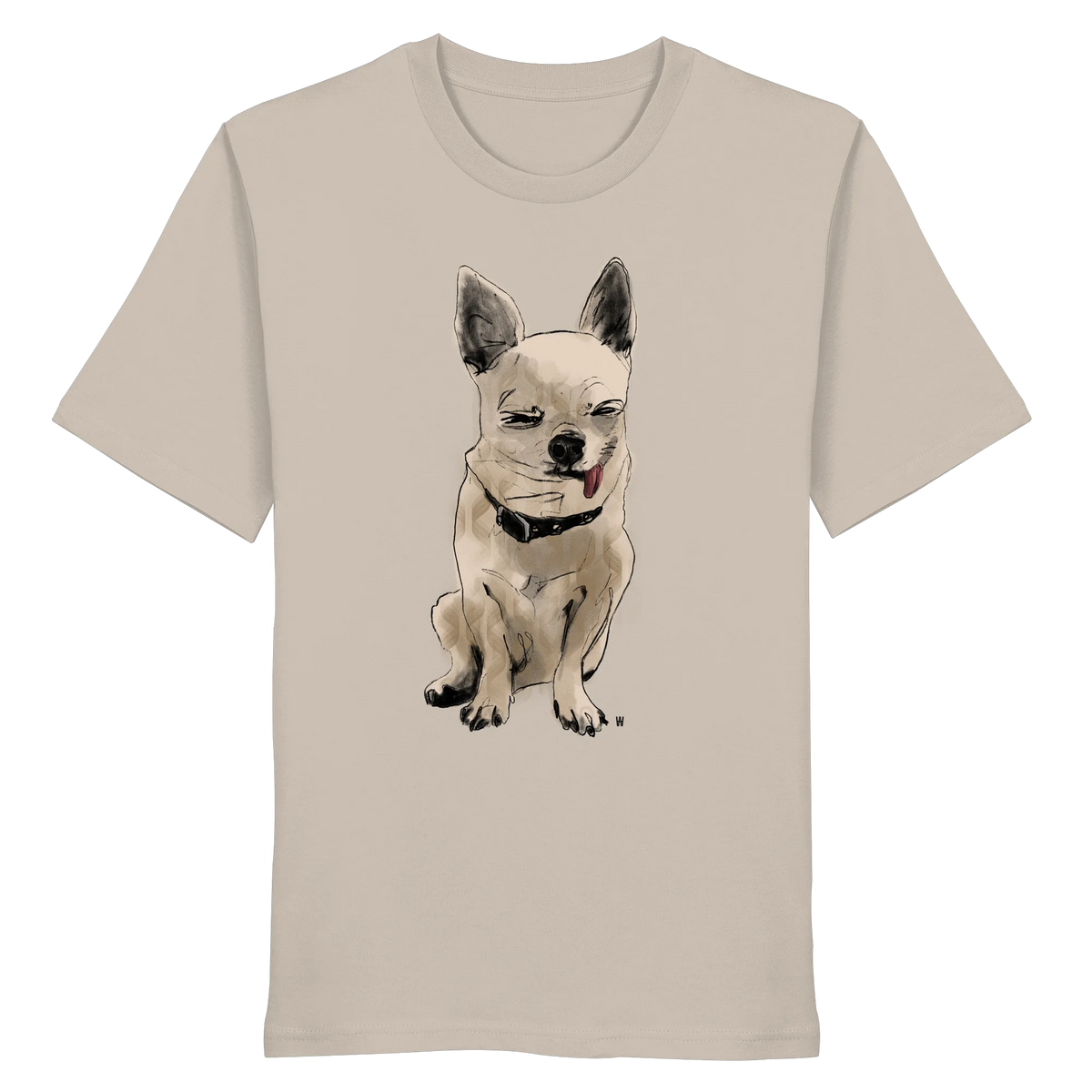 Handgezeichnete Chihuahua-Illustration Schelm auf einem Bio-T-Shirt in Sandbeige