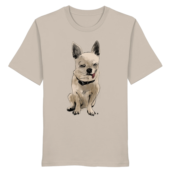 Handgezeichnete Chihuahua-Illustration Schelm auf einem Bio-T-Shirt in Sandbeige