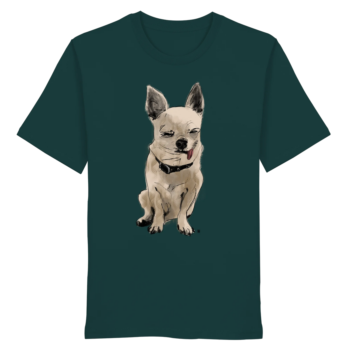 Handgezeichnete Chihuahua-Illustration Schelm auf einem Bio-T-Shirt in Petrol