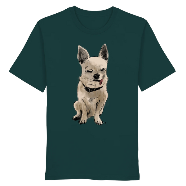 Handgezeichnete Chihuahua-Illustration Schelm auf einem Bio-T-Shirt in Petrol