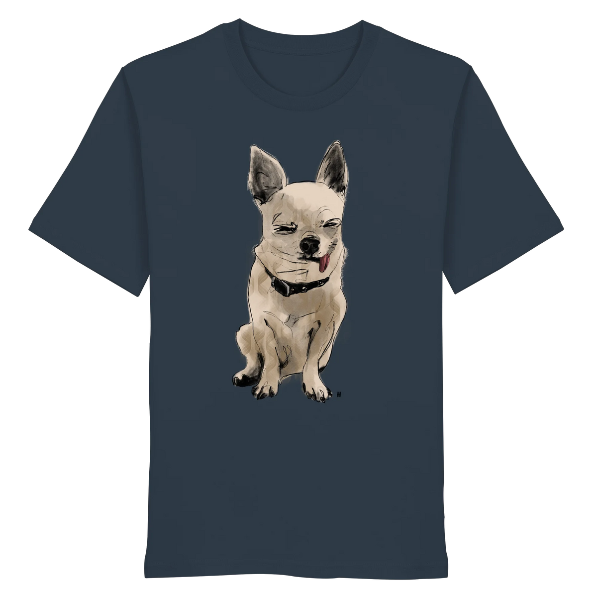 Handgezeichnete Chihuahua-Illustration Schelm auf einem Bio-T-Shirt in Graublau
