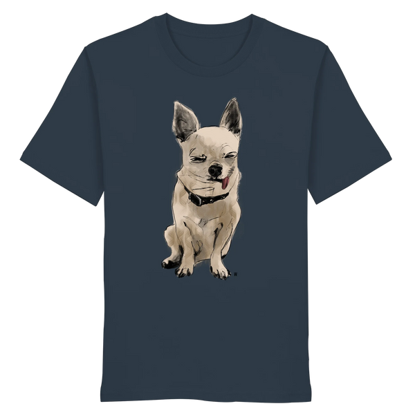 Handgezeichnete Chihuahua-Illustration Schelm auf einem Bio-T-Shirt in Graublau