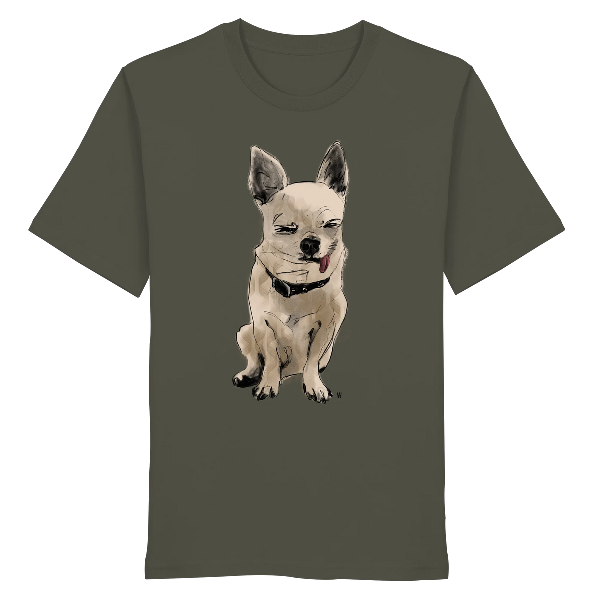 Handgezeichnete Chihuahua-Illustration Schelm auf einem Bio-T-Shirt in Khaki