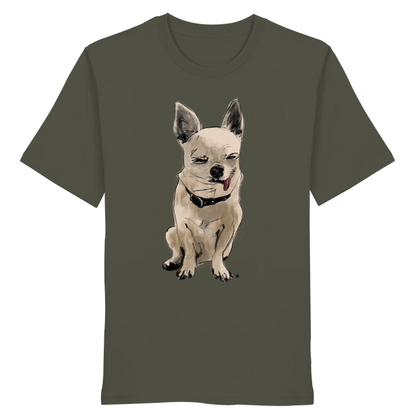 Handgezeichnete Chihuahua-Illustration Schelm auf einem Bio-T-Shirt in Khaki