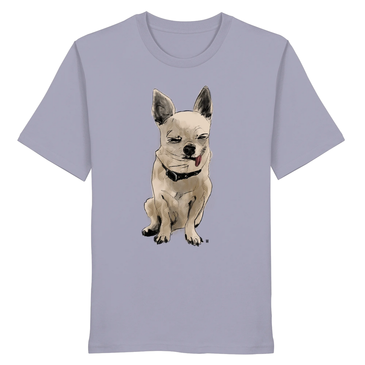Handgezeichnete Chihuahua-Illustration Schelm auf einem Bio-T-Shirt in Lavendellila