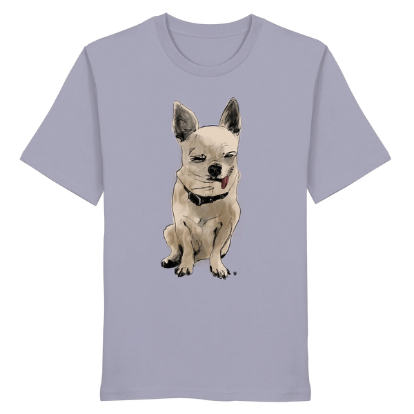 Handgezeichnete Chihuahua-Illustration Schelm auf einem Bio-T-Shirt in Lavendellila