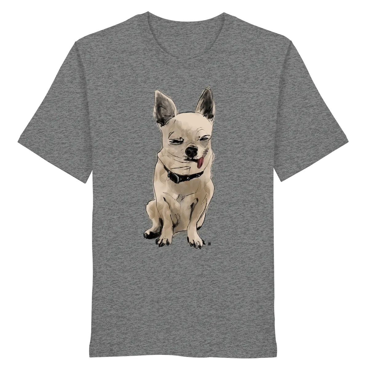 Handgezeichnete Chihuahua-Illustration Schelm auf einem Bio-T-Shirt in Mittelgrau meliert