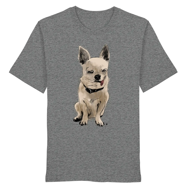 Handgezeichnete Chihuahua-Illustration Schelm auf einem Bio-T-Shirt in Mittelgrau meliert