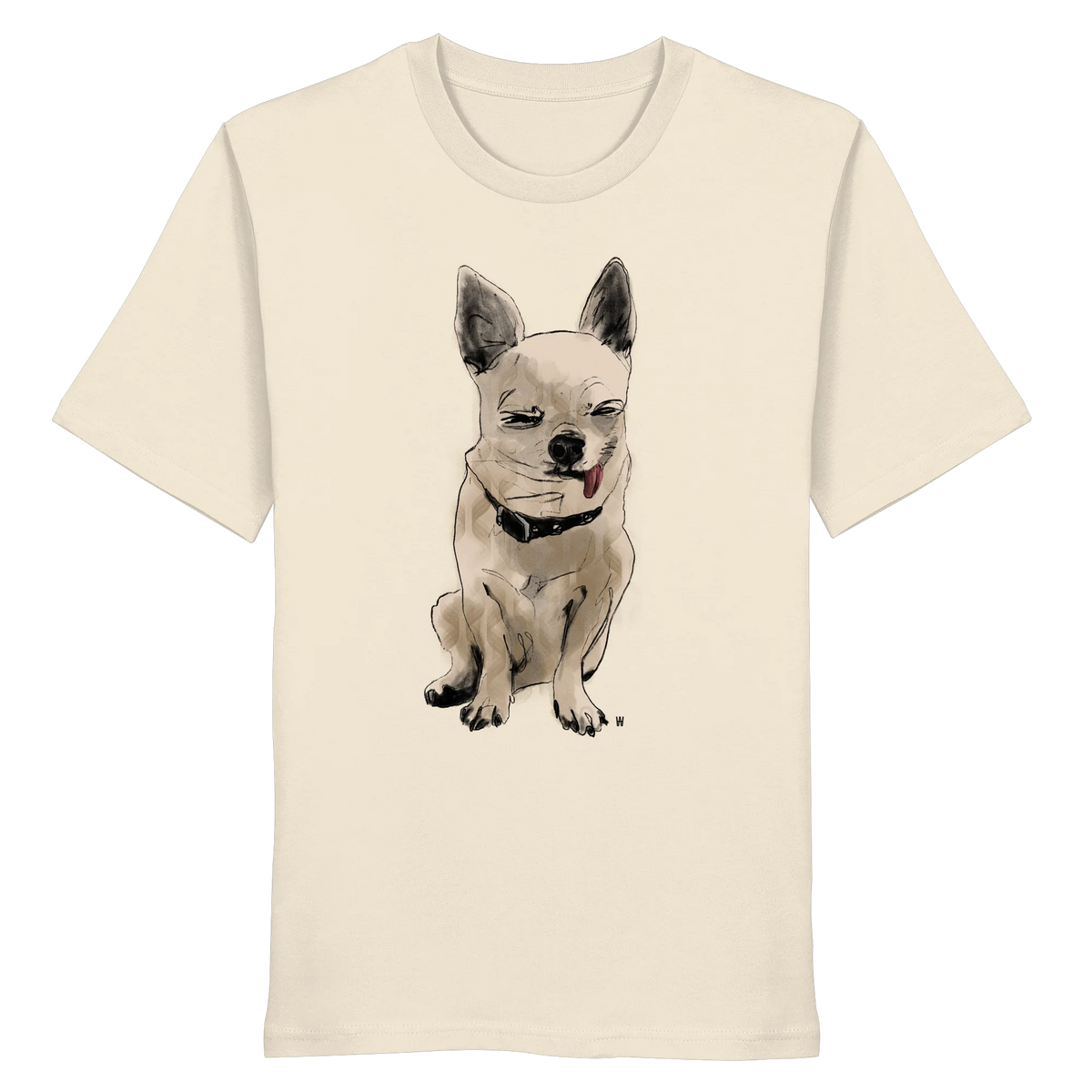Handgezeichnete Chihuahua-Illustration Schelm auf einem Bio-T-Shirt in Cremeweiß
