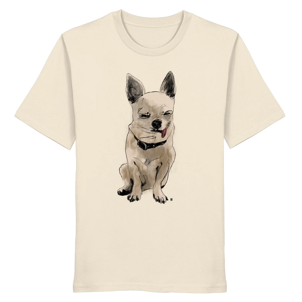 Handgezeichnete Chihuahua-Illustration Schelm auf einem Bio-T-Shirt in Cremeweiß