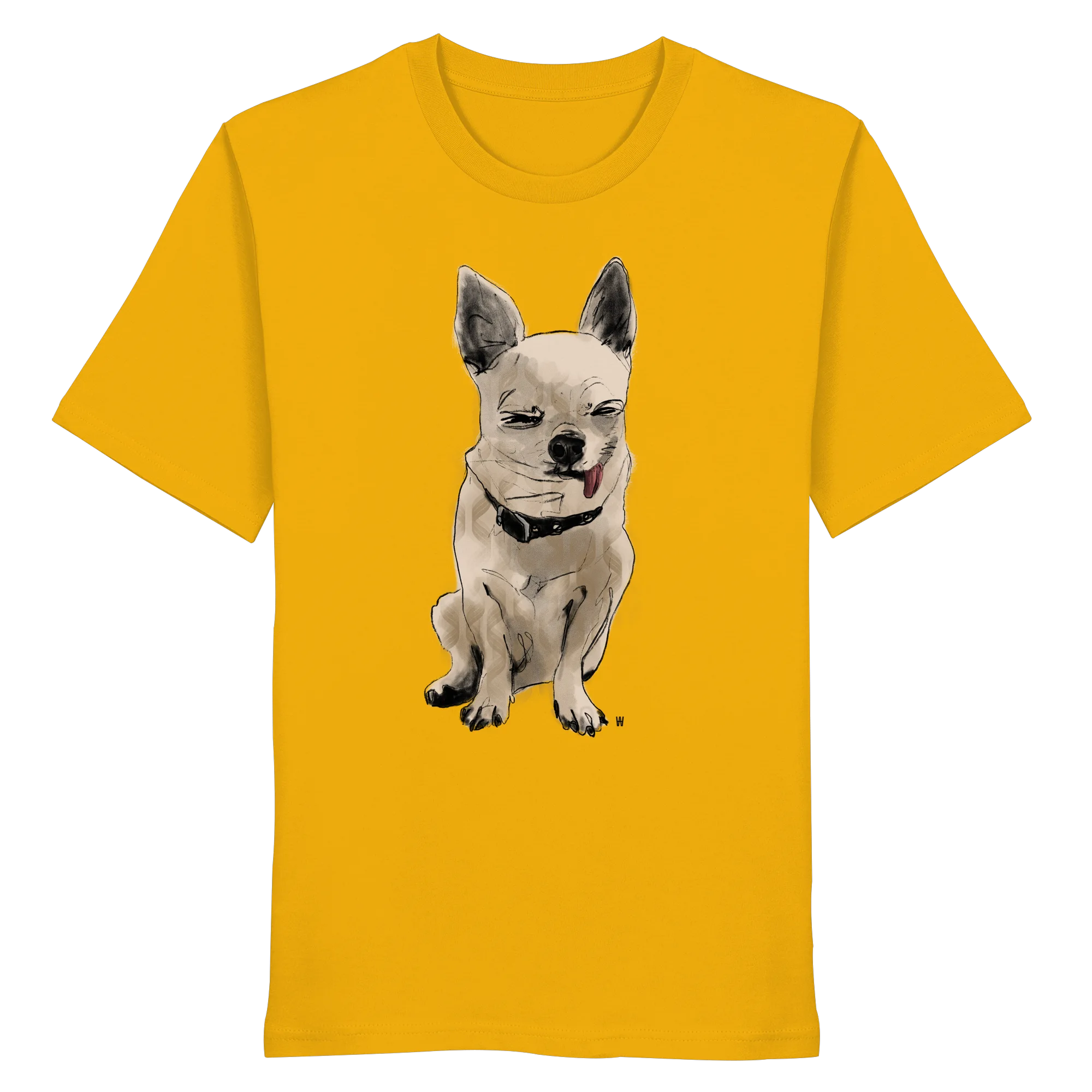 Handgezeichnete Chihuahua-Illustration Schelm auf einem Bio-T-Shirt in Sonnengelb