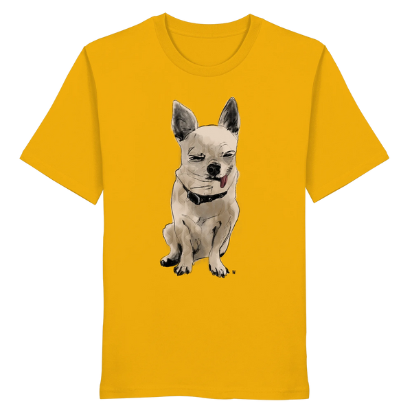 Handgezeichnete Chihuahua-Illustration Schelm auf einem Bio-T-Shirt in Sonnengelb