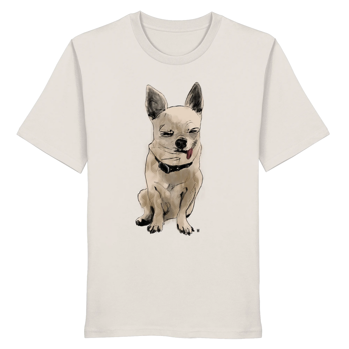 Handgezeichnete Chihuahua-Illustration Schelm auf einem Bio-T-Shirt in Altweiß