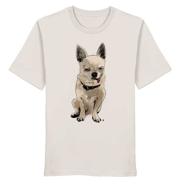Handgezeichnete Chihuahua-Illustration Schelm auf einem Bio-T-Shirt in Altweiß