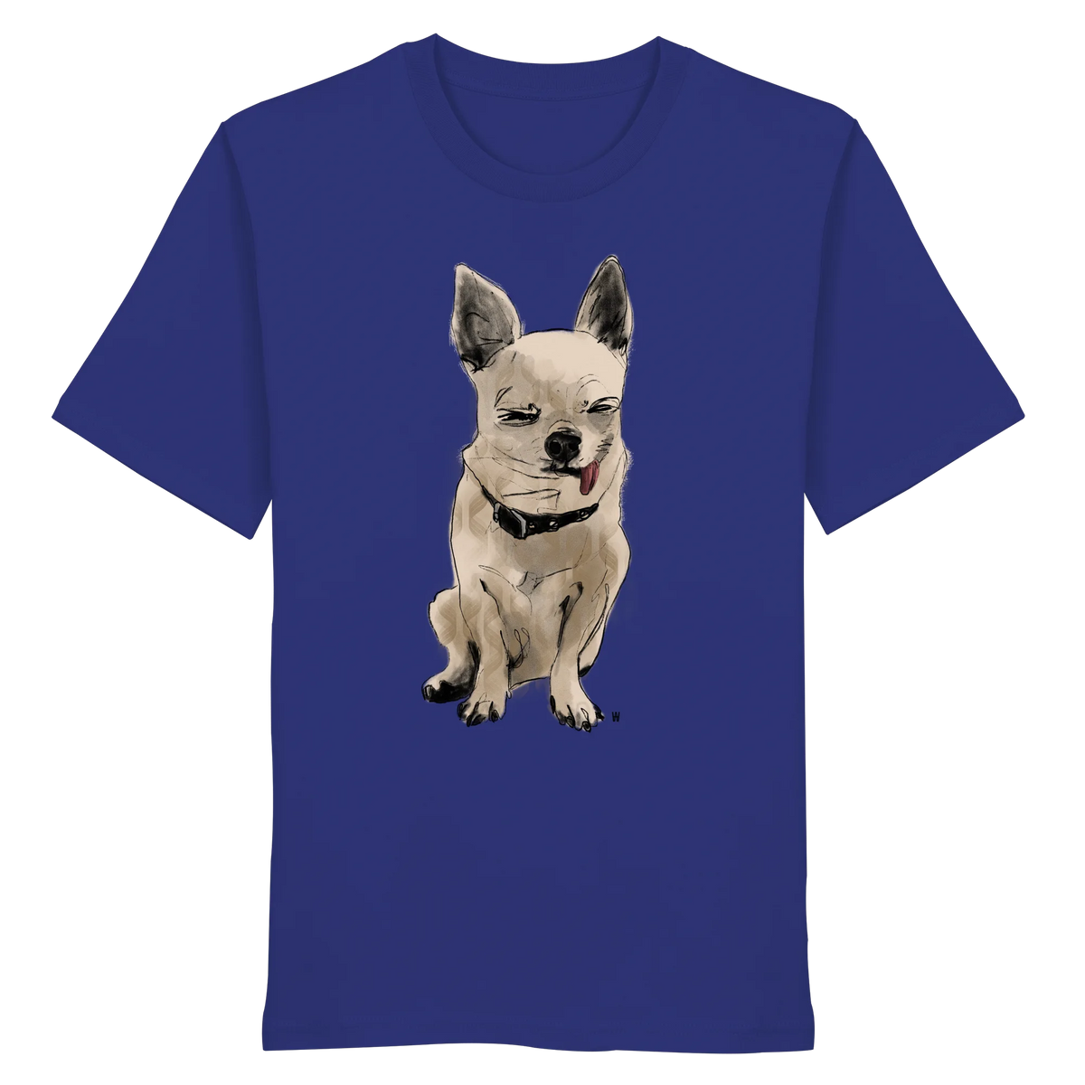 Handgezeichnete Chihuahua-Illustration Schelm auf einem Bio-T-Shirt in Ultramarinblau