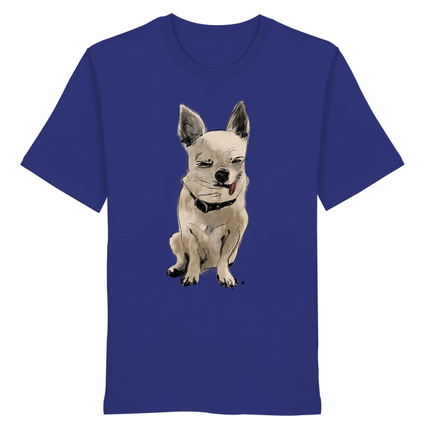 Handgezeichnete Chihuahua-Illustration Schelm auf einem Bio-T-Shirt in Ultramarinblau