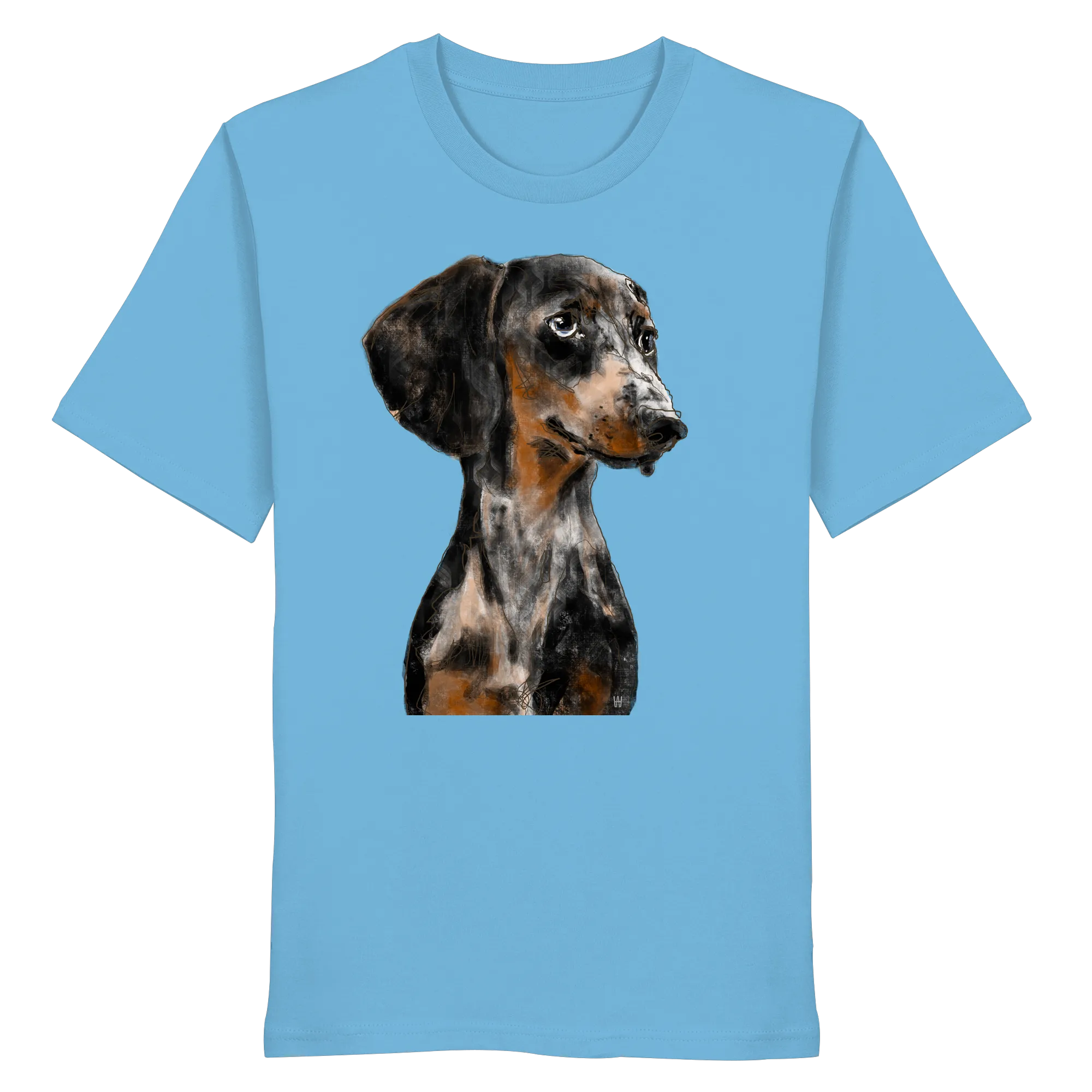 Handgezeichnetes Dackel-Motiv "Klugi" auf einem mittelblauen Bio-T-Shirt.