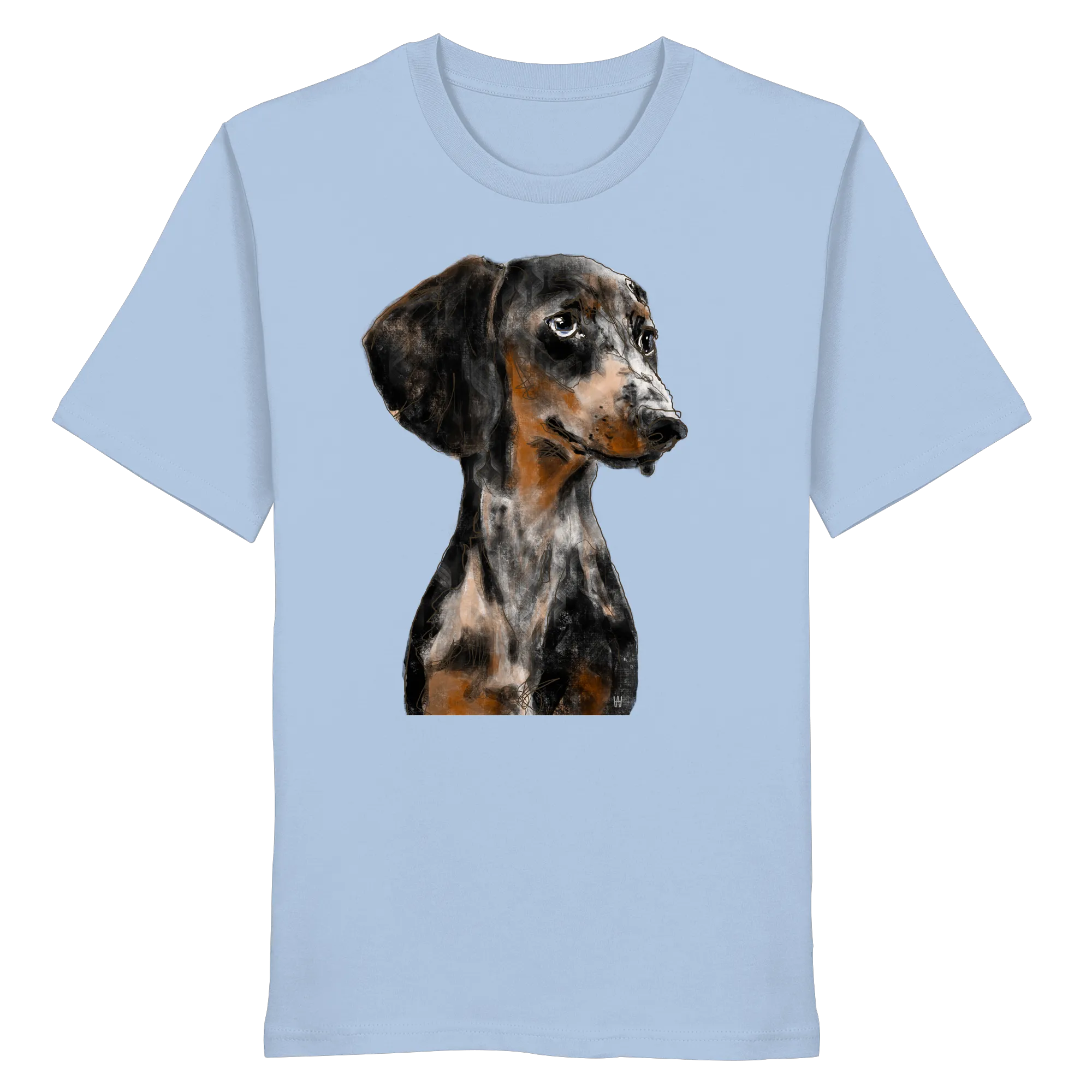 Handgezeichnetes Dackel-Motiv "Klugi" auf einem hellblauen Bio-T-Shirt.
