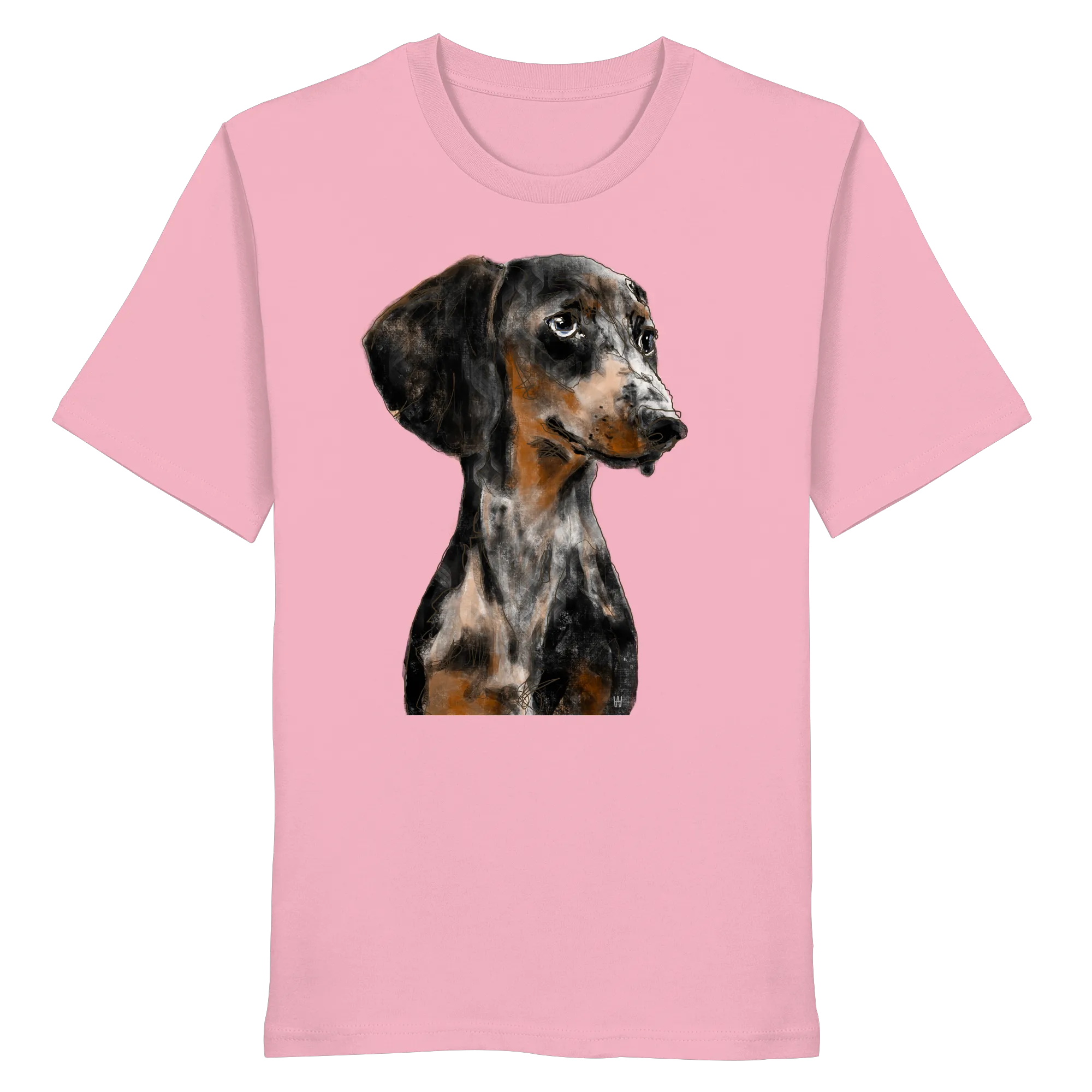 Handgezeichnetes Dackel-Motiv "Klugi" auf einem Bio-T-Shirt in Pink.