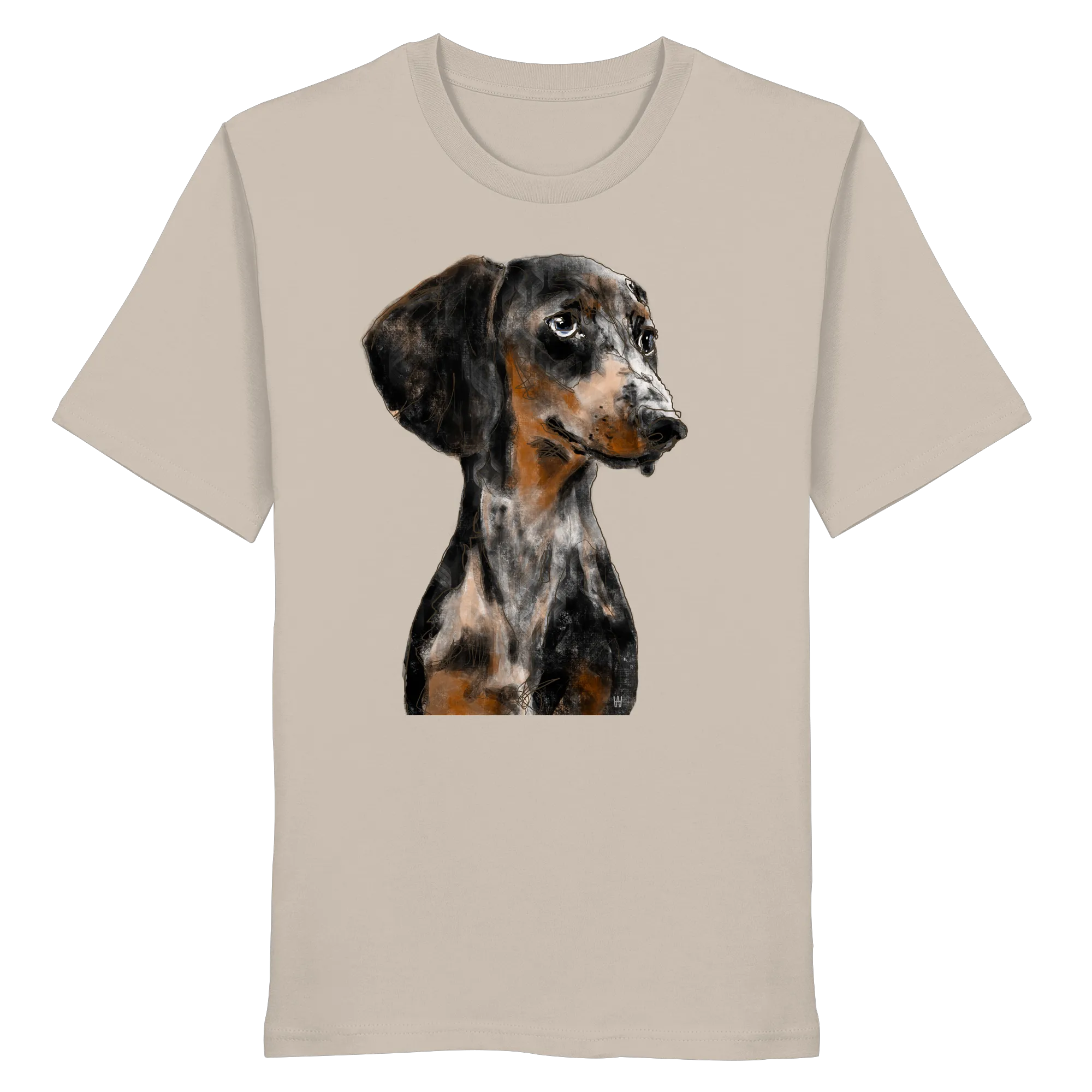 Handgezeichnetes Dackel-Motiv "Klugi" auf einem Bio-T-Shirt in Sandbeige.