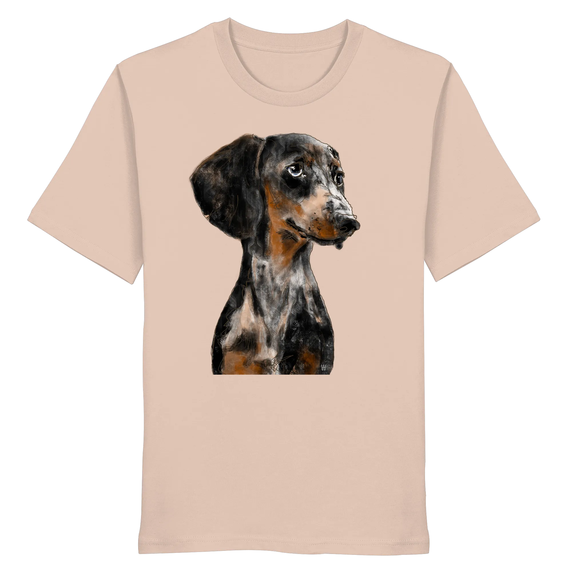 Handgezeichnetes Dackel-Motiv "Klugi" auf einem Bio-T-Shirt in Pfirsichrosa.