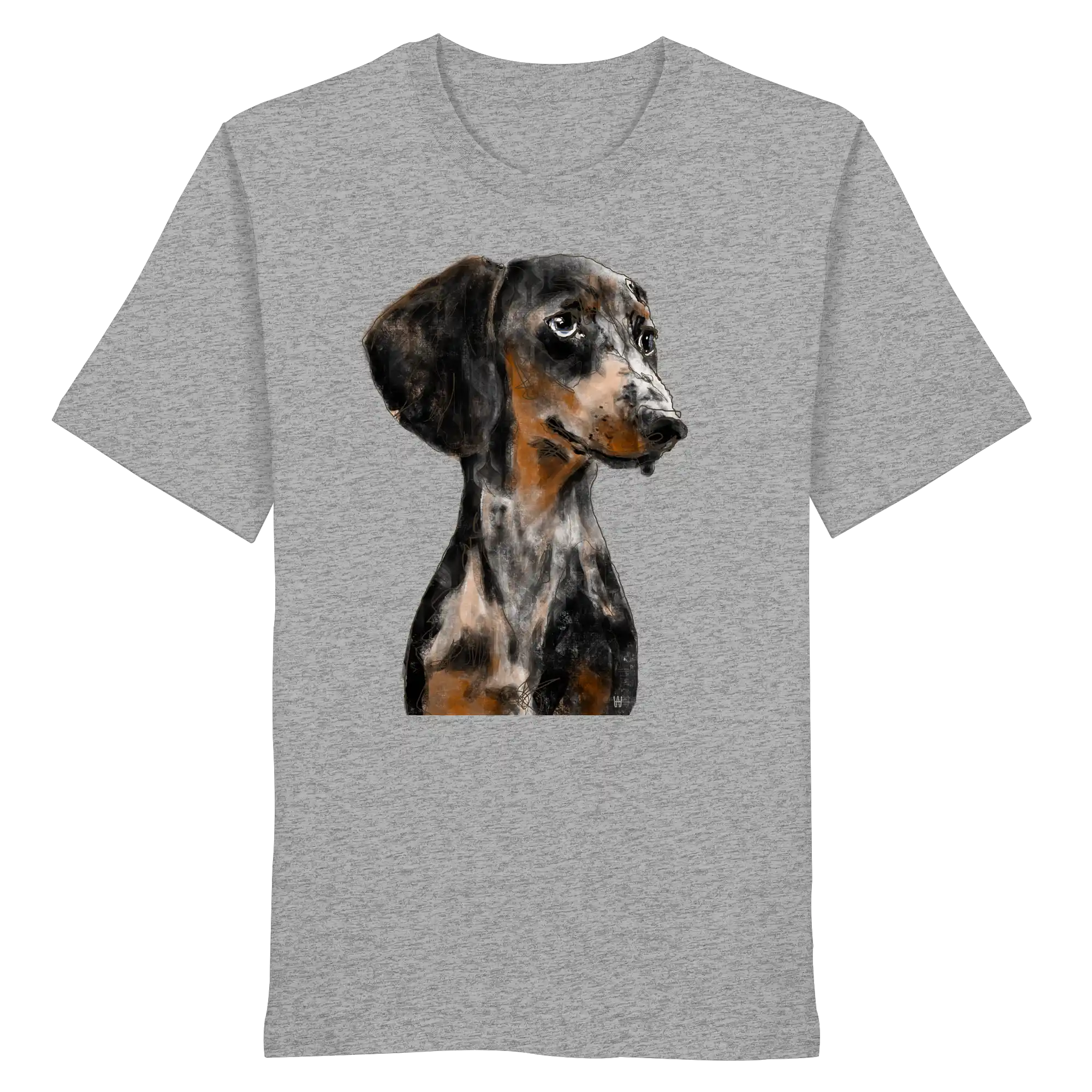 Handgezeichnetes Dackel-Motiv "Klugi" auf einem Bio-T-Shirt in Hellgraumeliert.
