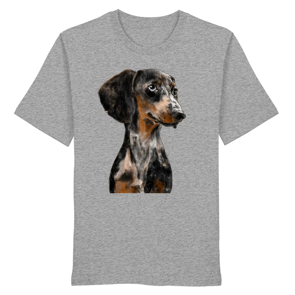 Handgezeichnetes Dackel-Motiv "Klugi" auf einem Bio-T-Shirt in Hellgraumeliert.