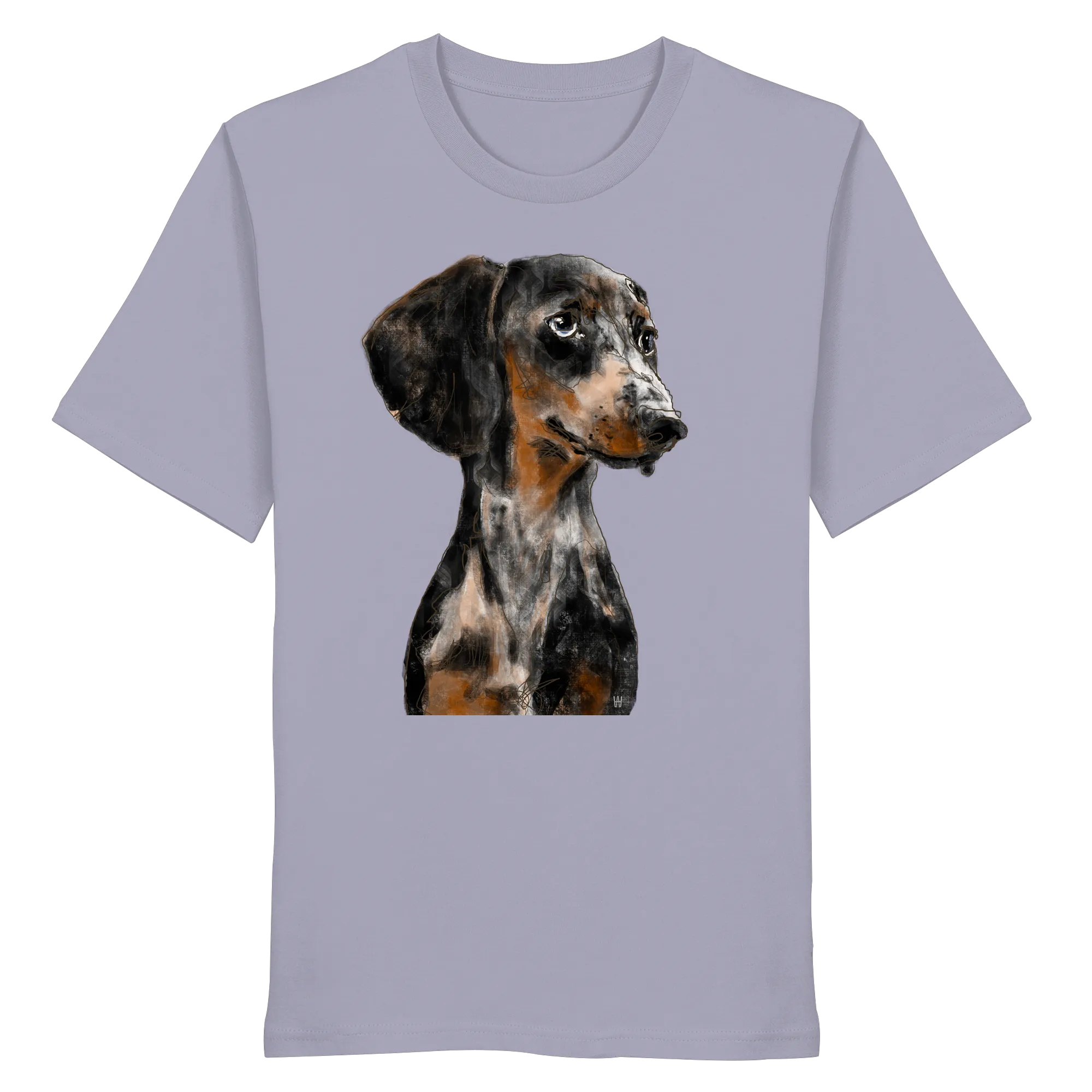 Handgezeichnetes Dackel-Motiv "Klugi" auf einem Bio-T-Shirt in Fliederlila.