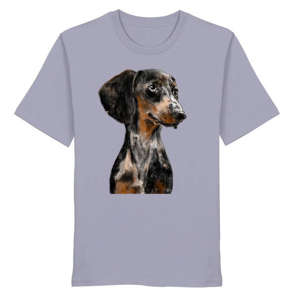 Handgezeichnetes Dackel-Motiv "Klugi" auf einem Bio-T-Shirt in Fliederlila.