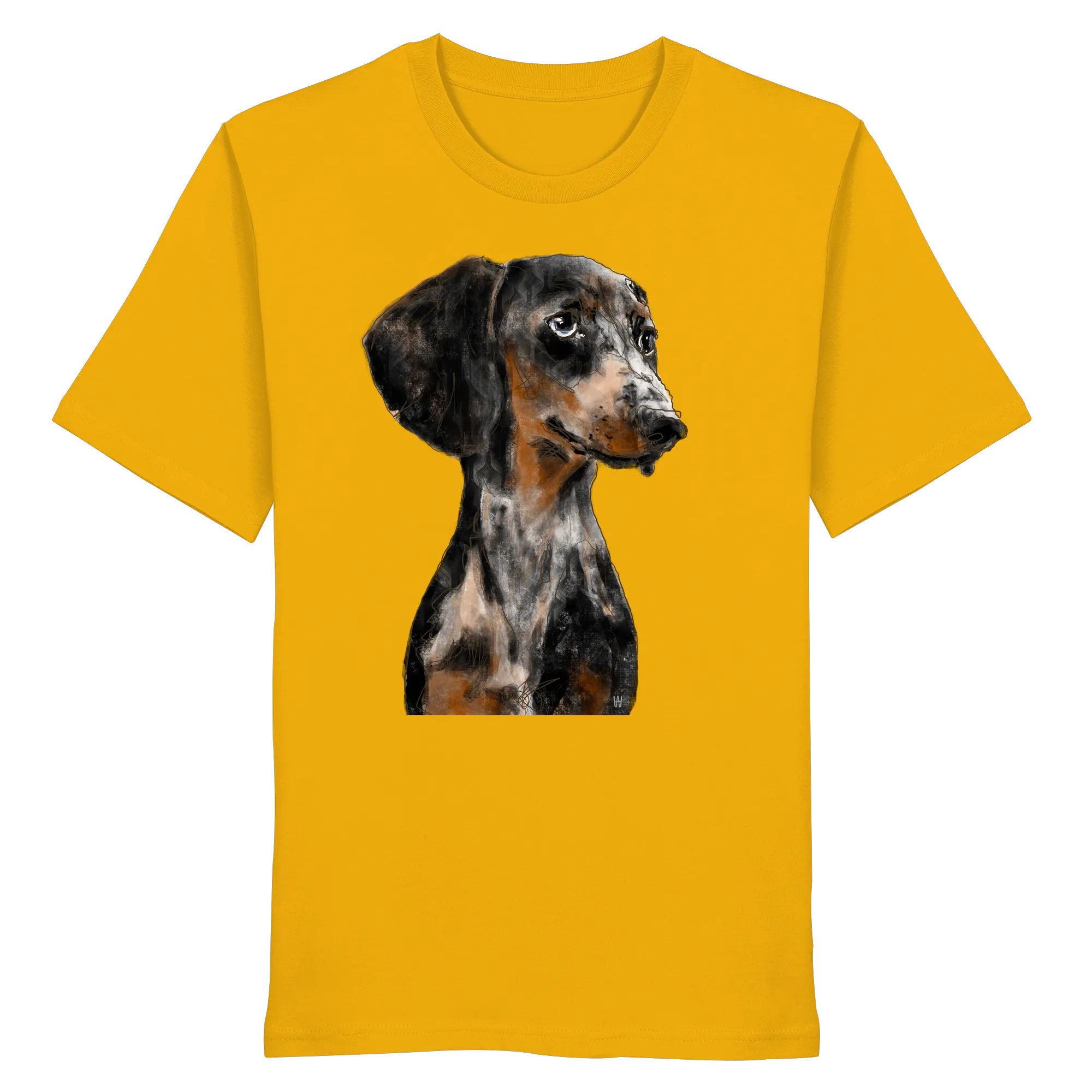 Handgezeichnetes Dackel-Motiv "Klugi" auf einem gelben Bio-T-Shirt.