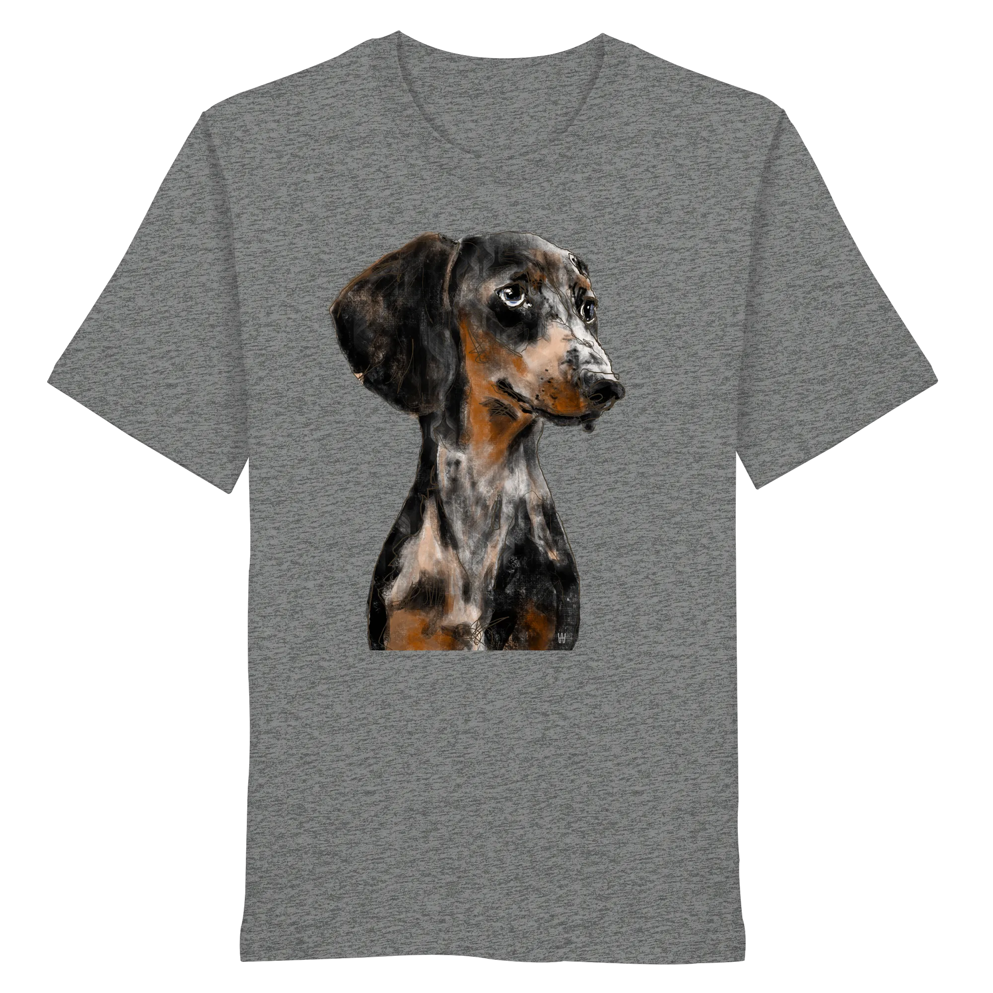 Handgezeichnetes Dackel-Motiv "Klugi" auf einem Bio-T-Shirt in graumeliert.