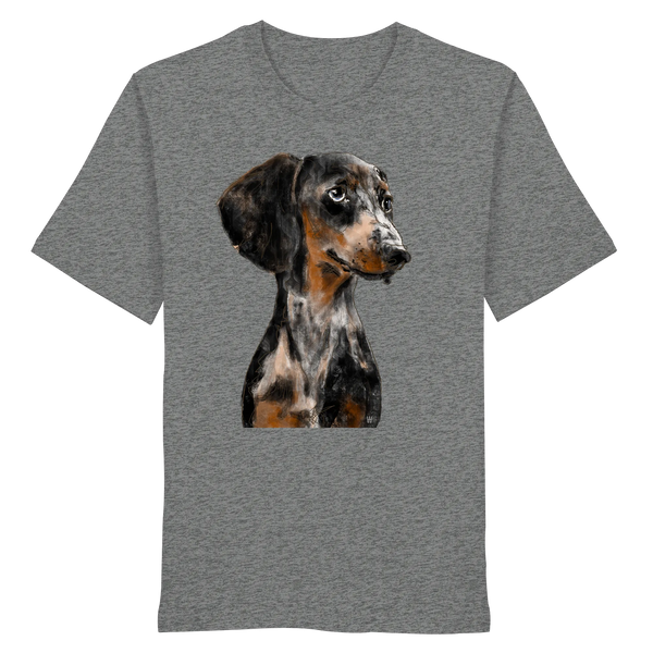 Handgezeichnetes Dackel-Motiv "Klugi" auf einem Bio-T-Shirt in graumeliert.